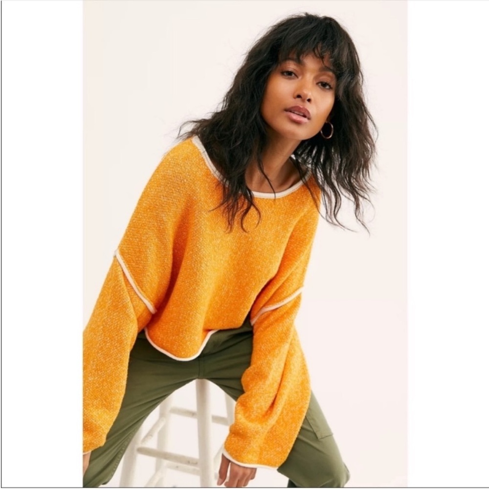 Free People Bardot Orange Boho Crewneck Sweater Relaxed Fit Large